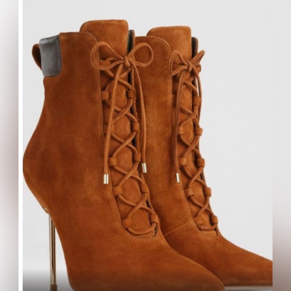 Good American Women’s Suede Brown Scandal Lace Up Ankle Boots Stiletto Size 10